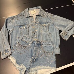 Signature Light Blue Studded Denim Jacket and Shorts Set